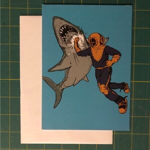 SharpShirter Deep Sea Diver vs Shark Art Card Vintage Sci-Fi